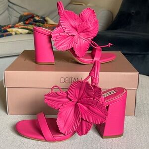 Deltan Flower Embellished Leather Dress Sandals, Women’s Size 8 in Fuchsia